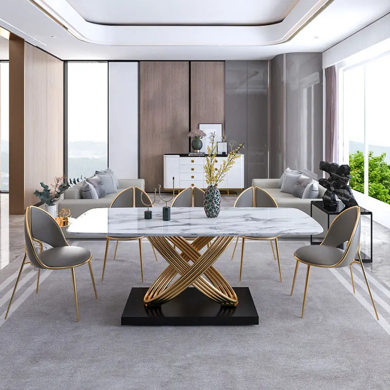 Modern Marble Dining Table Set Creative Petal Dining Chair Luxury Kitchen Table Stainless Steel Titanium Seal Glaze Base HY