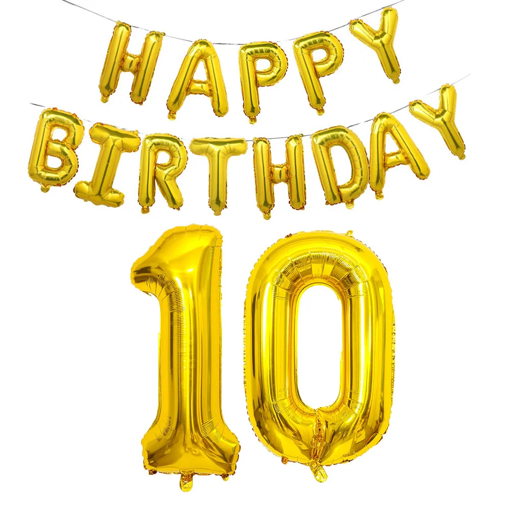 Gold Happy Birthday Number Foil Balloons Adult Kids Party Decoration Boy Girl Man Women 10 11 12 15 18 25 30 40 50 60 Year Old