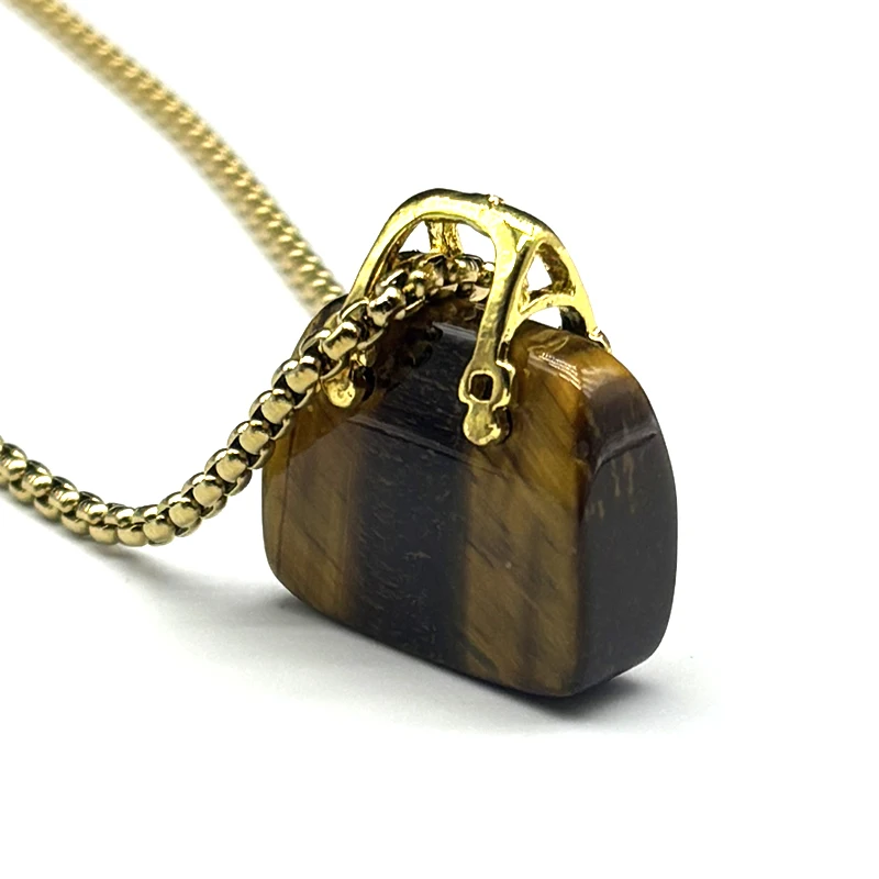 Fashion Handbag Pendant Necklace Women Men Tiger Eye Stone Stainless Steel Chain Party Female Holiday Summer Jewelry Accessory