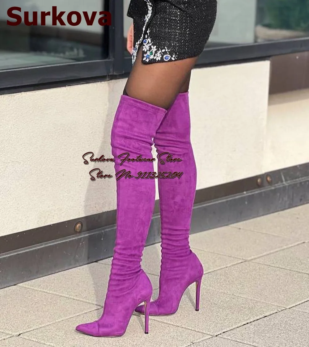 

Surkova Purple Pink Brown Suede Over The Knee Boots Elegant Stiletto Heels Pointed Toe Thigh High Boots Size46 Long Dress Shoes