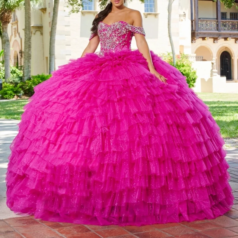 Rose Red Quinceanera Dresses 2024 Beads Crystal Tull Tiered  Sweet 16 Birthday Party Gown Corset Vestidos De 15 Años Miss Prom