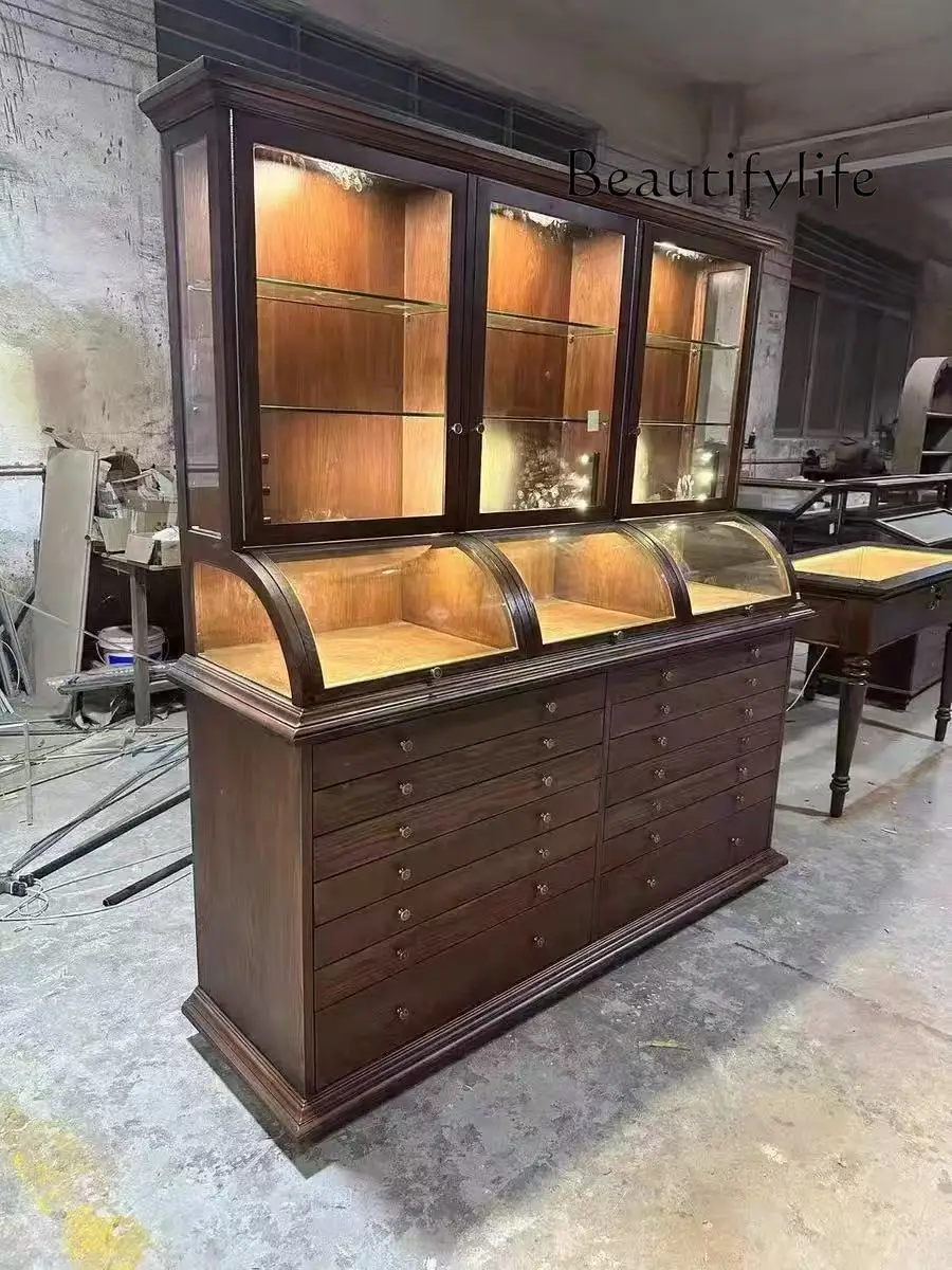 

S NEW jewelry display cabinet transparent display jewelry curved glass storage American retro solid wood