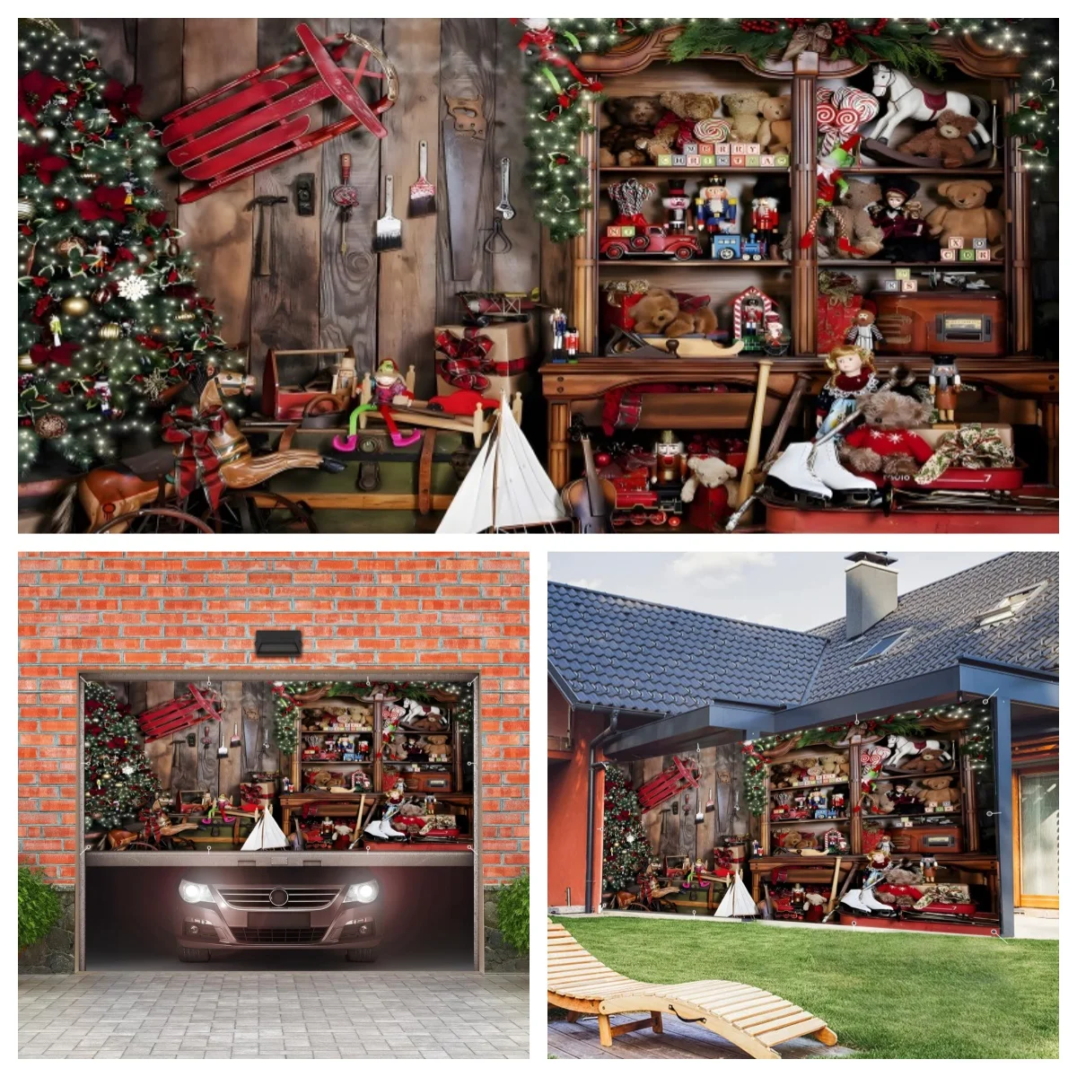 

Зимний рождественский фон для гаражных ворот, серый магазин игрушек, рождественская елка, гаражная настенная рама с крючками для наружного домашнего декора двора