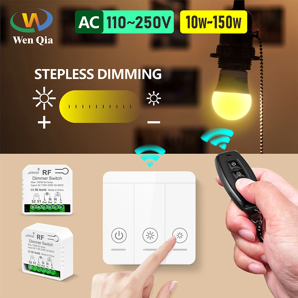 

433mhz Wireless Dimmer LED Light Switch AC 230V 220V 110V 10~150W Dimmable Switch Remote Module for LED Bulb Halogen Lamp