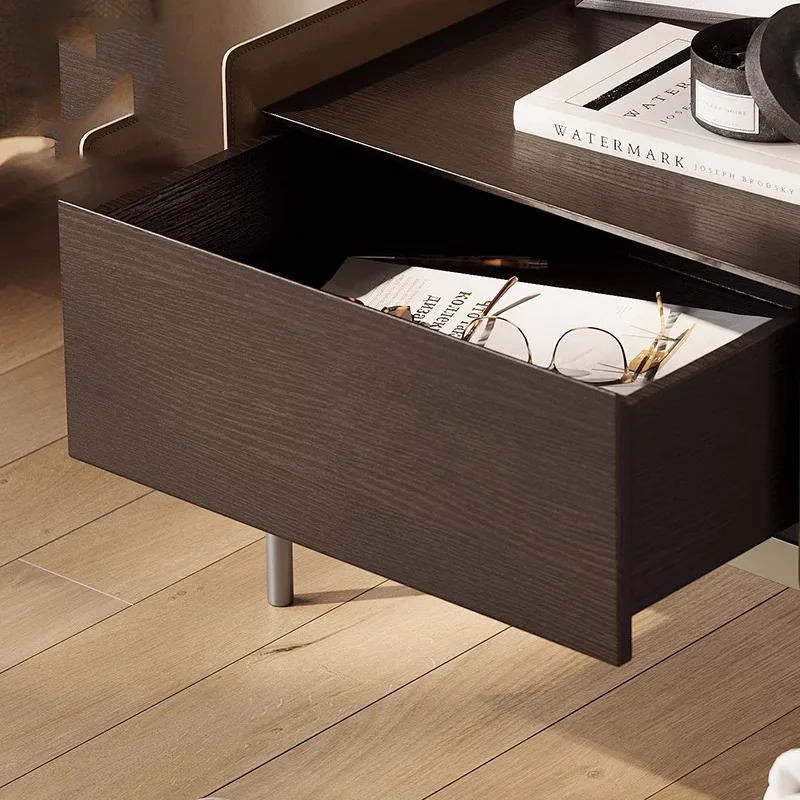 Italian light luxury saddle leather solid wood nightstand, modern minimalist smoked bedside storage cabinet design