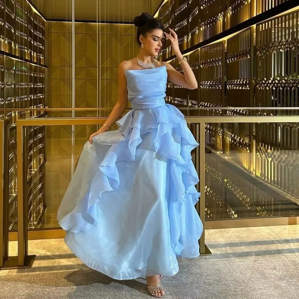 LIYYLHQ Sky Blue Strapless Evening Dress Ruched Pleats Fluffy Organza Prom Gowns Women Formal Occasion Party Gown Customized