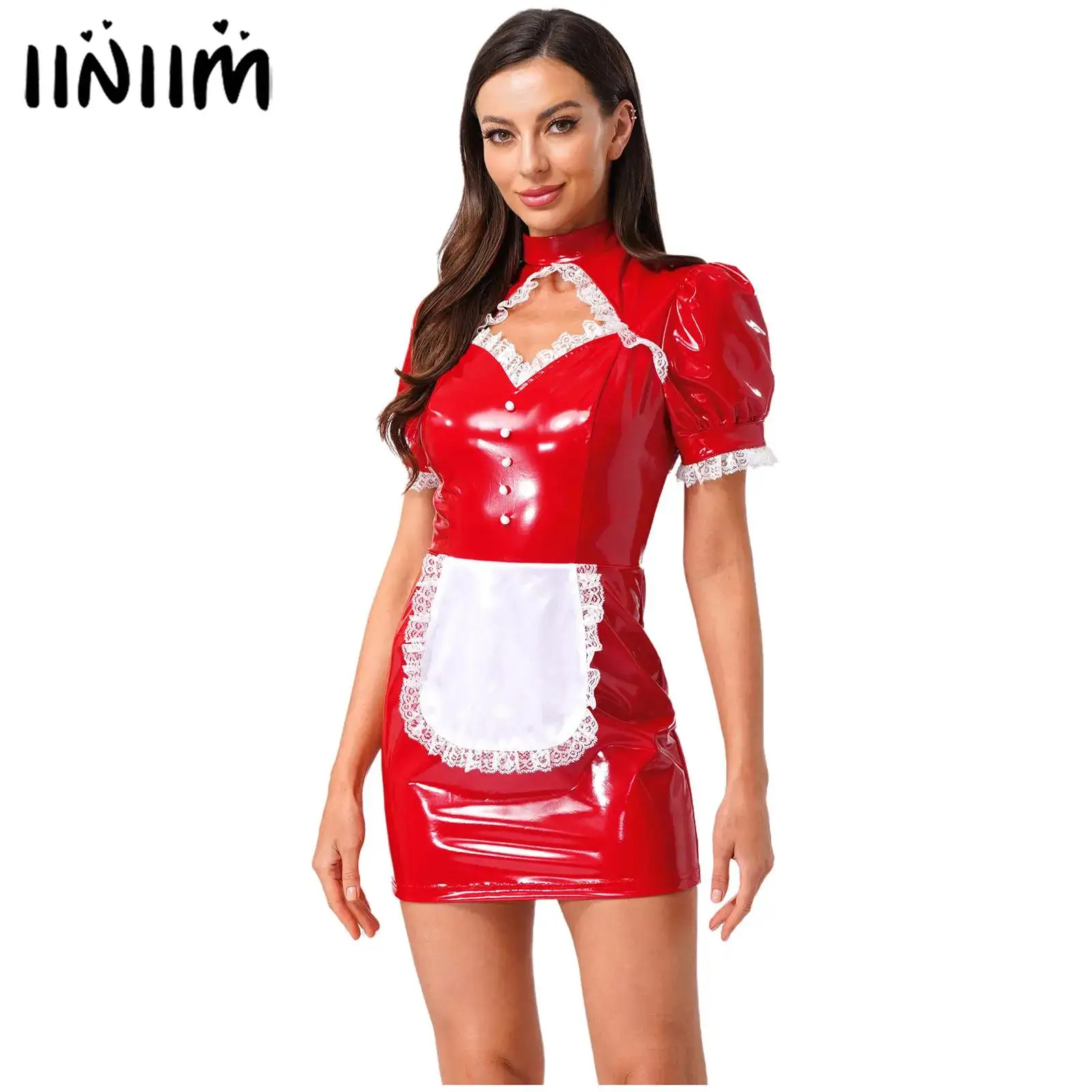 

Womens PU Leather Maid Cosplay Costume Hollow Out Lace Trim Apron Glossy PU Bodycon Dress Maidservant Halloween Party Outfits