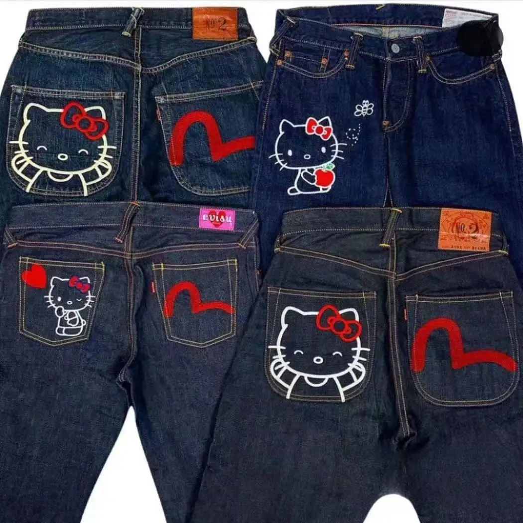 

Sanrio Hello Kitty новые джинсы с принтом в стиле аниме Y2K, модные трендовые хип-хоп брюки в стиле Харадзюку, повседневные прямые брюки, женский подарок