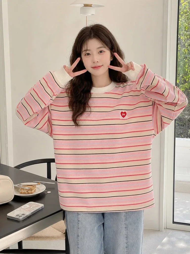 Women's Colorful Striped Crew Neck Sweatshirt HeartLong Sleeve Loose Oversized Pullover Korean Style Casual Streetwear Tops