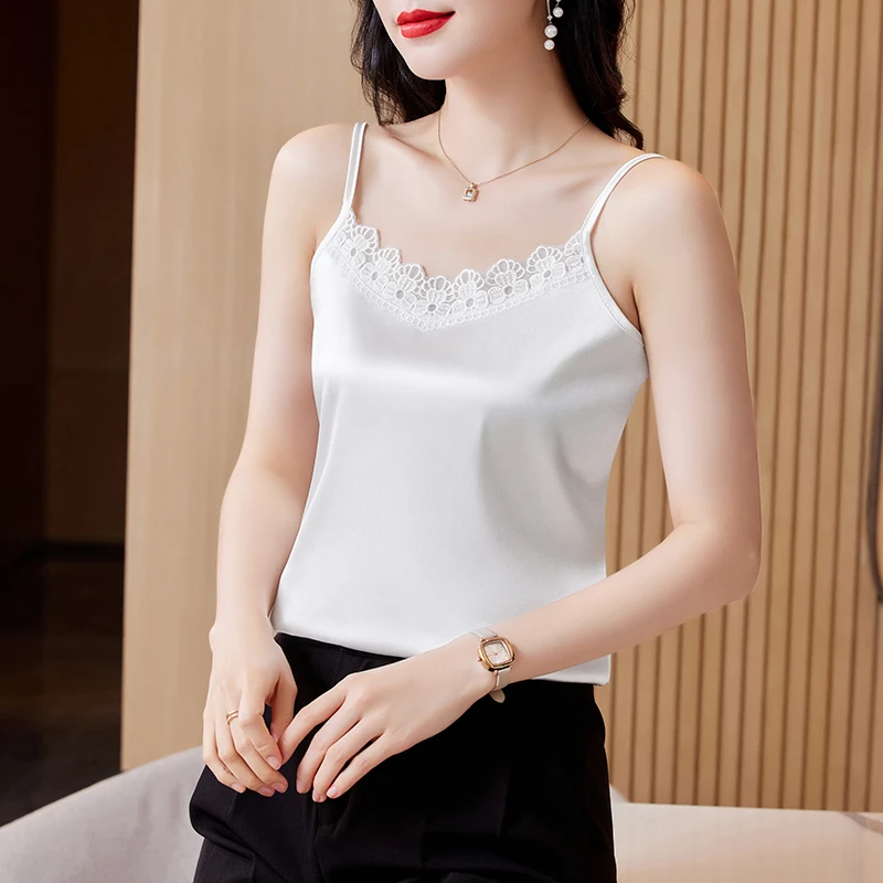 Lace Womens Tops V-neck Elegant Ladies Tops Lace Mesh Corset Top Solid Summer Sleeveless Blouse Women T-shirt OL Satin Blouses