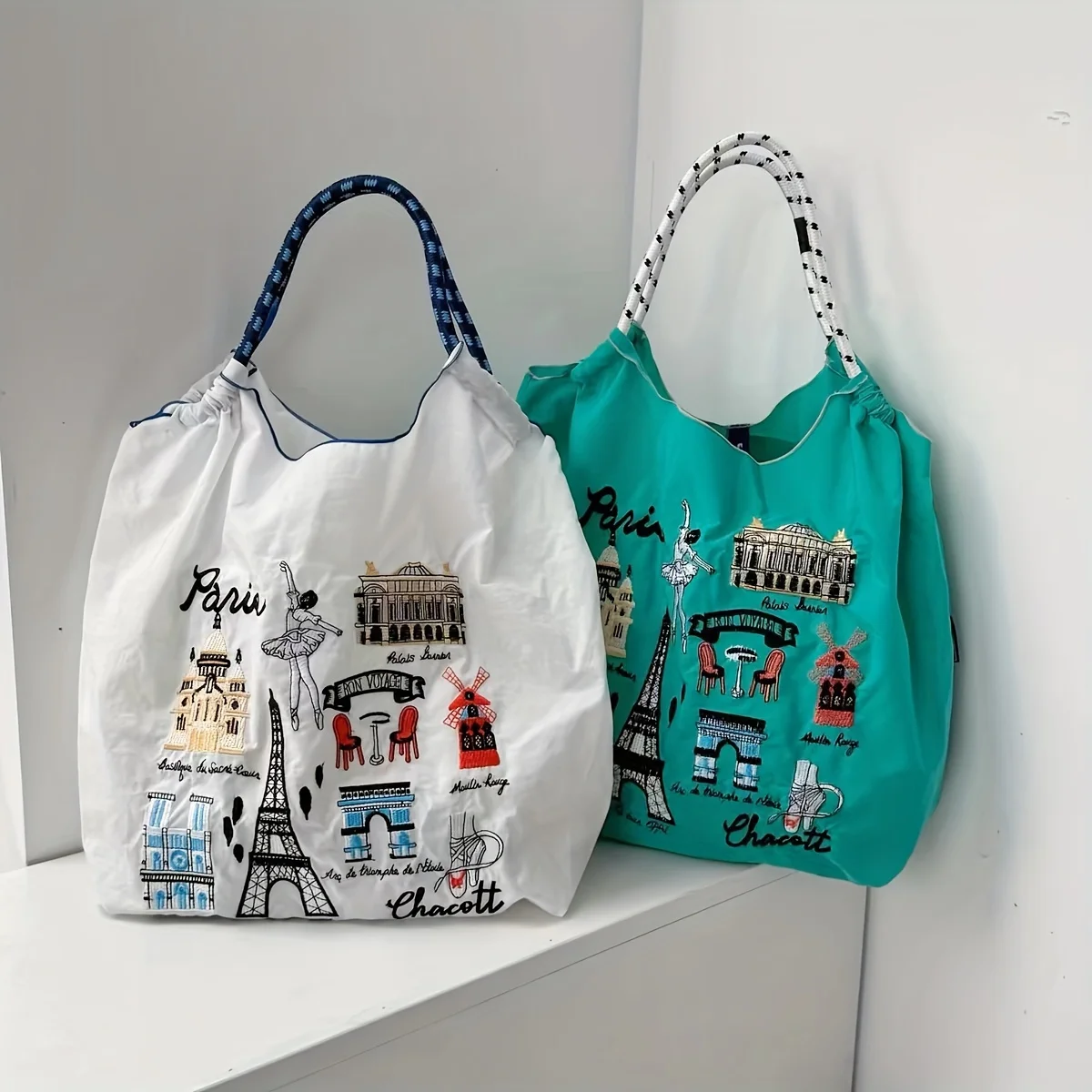 Paris-Themed Large Capacity Embroidered Tote Bag, Summer Beach Vacation Shoulder Bag, Lightweight Nylon Everyday Handbag