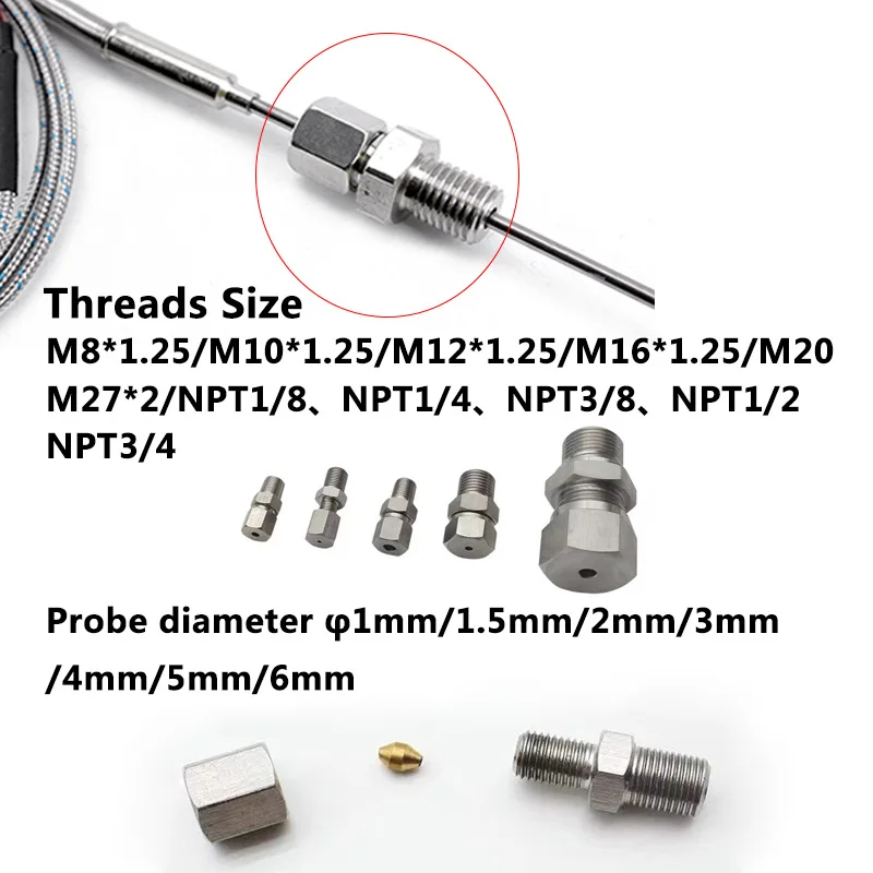 1100 degree K/PT100 Type Ungrounded 1mm-6mm/Threads Size M8*1.25/M10*1.25 Controller Sheathed Thermocouple Temperature Sensor