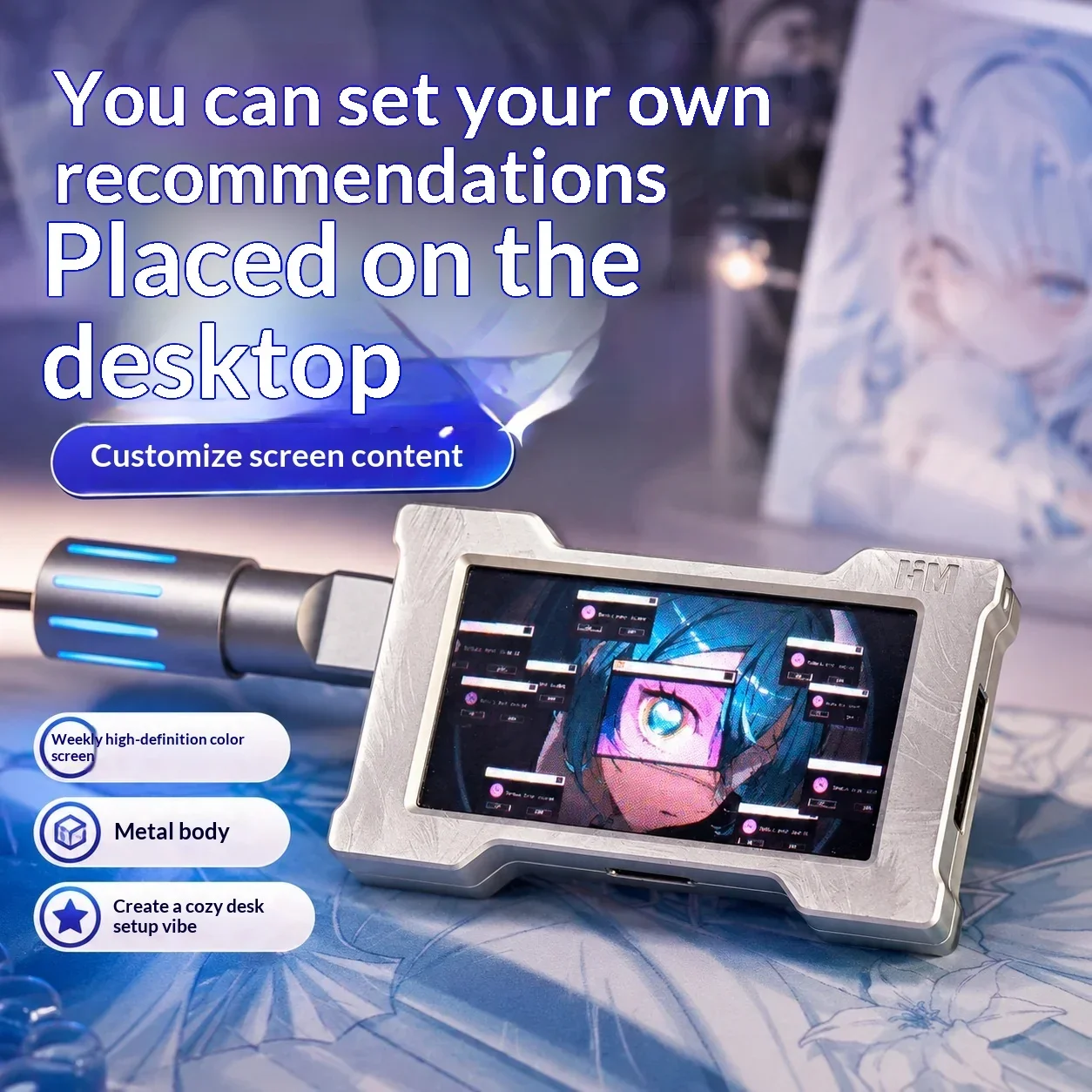 HMhub Pro Powered USB C Hub Aluminum Dock with Customizable Display for Desktop Monitoring White Housing