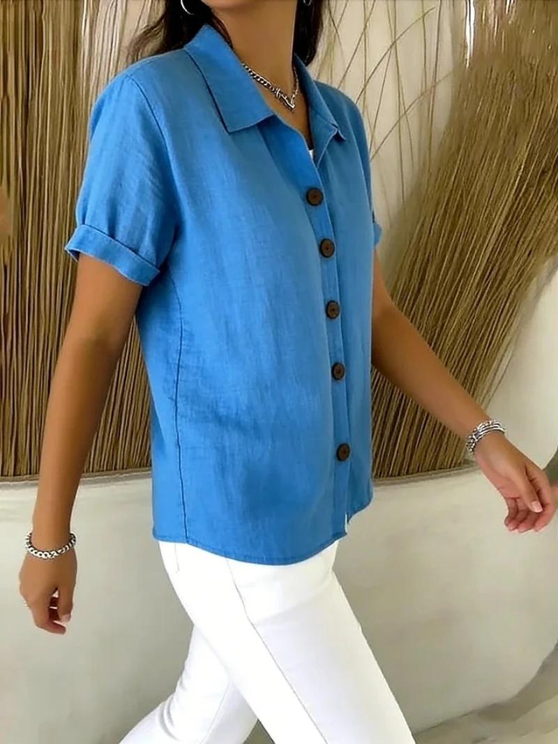 

Women Summer Tops Lapel Short Sleeve Buttons Placket Shirt Tops Loose Fit Casual Style Shirt Home Dates Versatile Office Wear