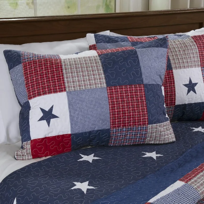 3-PC Microfiber Americana Stars and Plaid Patchwork Blanket 2 Shams – Home Bedding by LHC (Full/Queen) Quilt Set, Multicolor