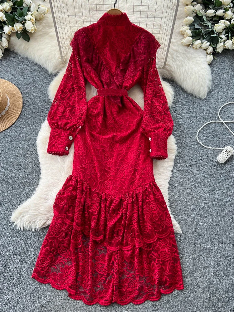 Vrouwen Jurk Europese Franse Hof Herfst Luxe Stand Kraag Single Breasted Bandjes Kant Maxi Lange Bandage Vestidos DS246