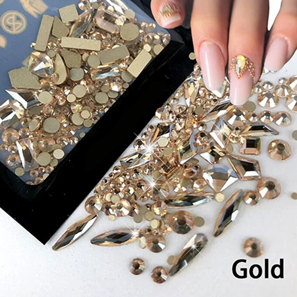 Strass redondos para arte em unhas, 20 peças, formato aleatório + 150 peças, ab/transparente/dourado/prata, glitter, diamante, vidro y2k, decoração de manicure