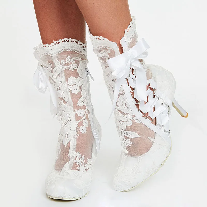 Romantic Floral Lace Ribbons Bandage Ankle Boots Women High Heel Wedding Boots Beauty Flower Lace Mesh Prom Ball Short Booties