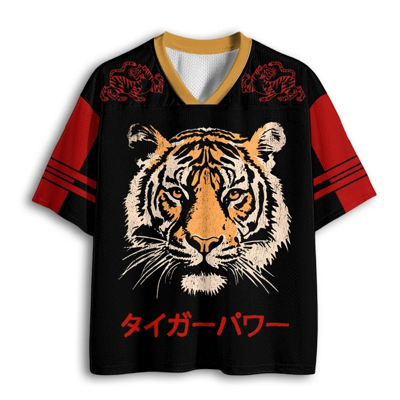 Vintage Tiger Head Graphic Mesh Jersey, Retro Wild Tiger Portrait Japanese Text V Neck Short Sleeve Sport Tee