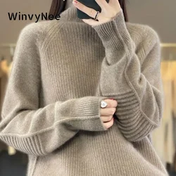 WinvyNee Donna 100% lana cammello maglione collo alto capispalla casual caldo pullover lavorato a maglia allentato abbigliamento più inverno A 1003012 B