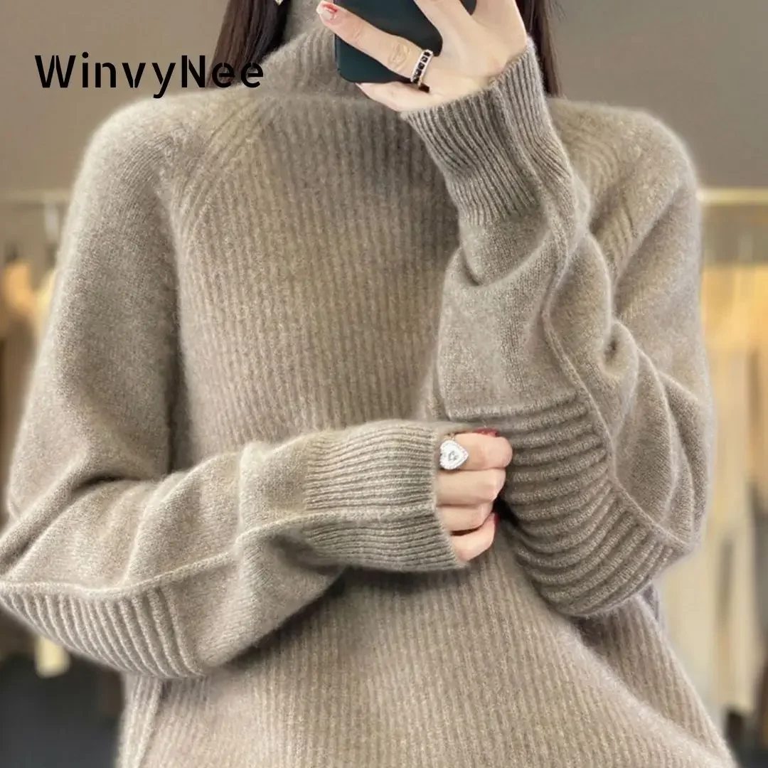 WinvyNee Women 100% Wool Camel Sweater High Collar Casual Outerwears Warm Loose Knitted Pullovers Clothing Plus Winter A1003012B