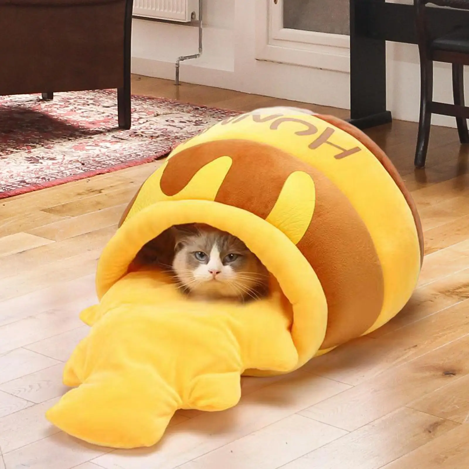 Cat Bed Warm Comfortable Kennel Nest Pet Cat Bed Soft Removable Cushion Nonslip Bottom Cartoon Washable House Honey Pot Cave