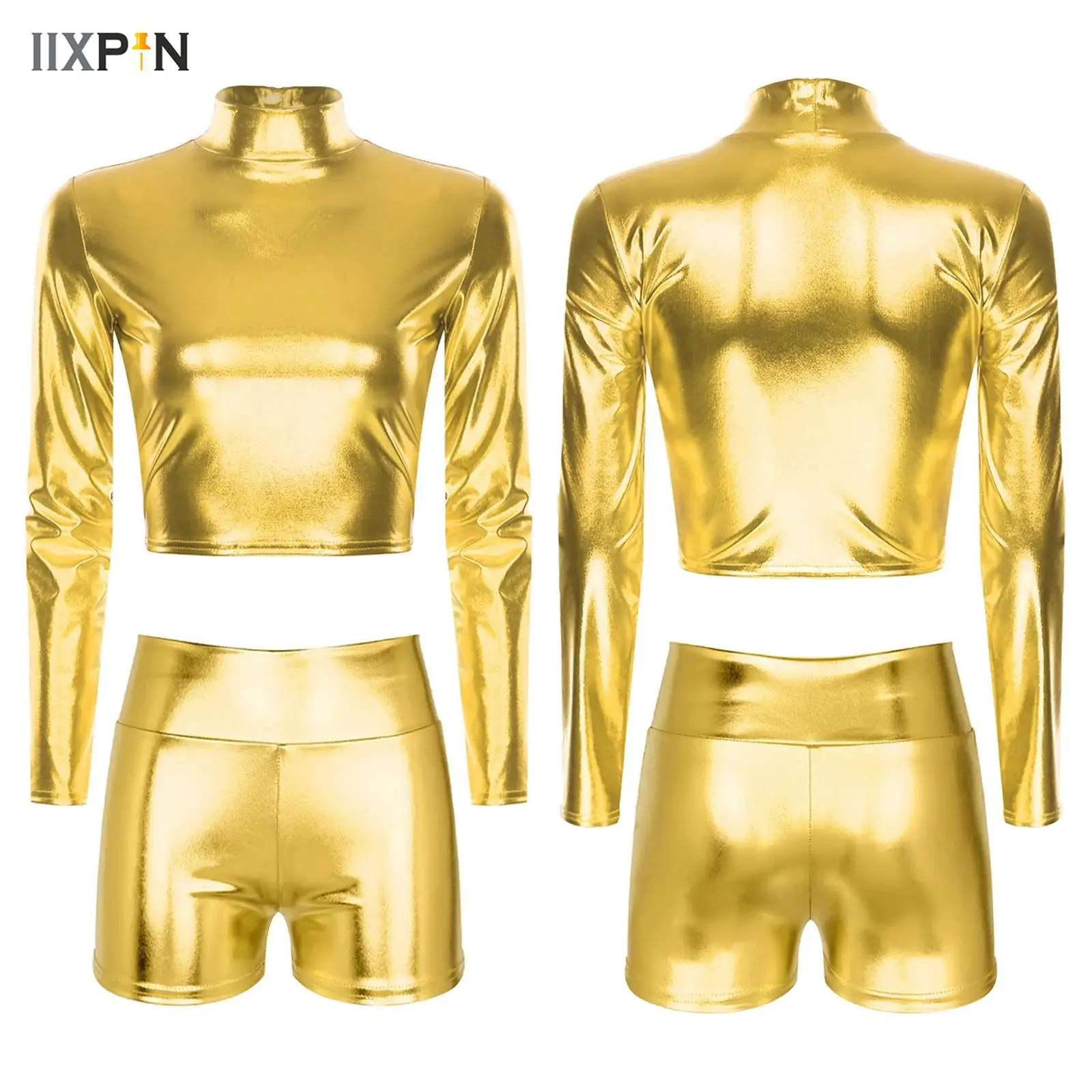 

Womens Dance Costumes 2Pcs Streetwear Metallic Mock Neck Long Sleeve Crop Top+Shorts Pants for Club Party Raves Jazz Dancewear