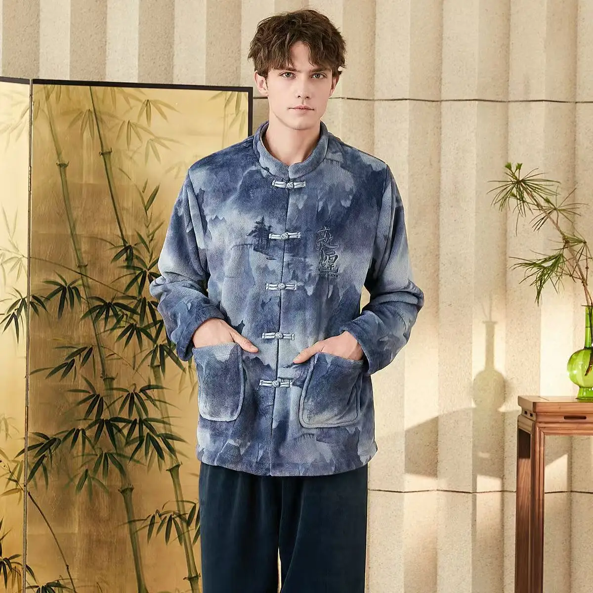 Niche Chinese Style Ink Painting Top Shirt Autumn Winter Double-side Velvet Dunhuang Button Home Wear Exotic Ethnic Pajamas Men