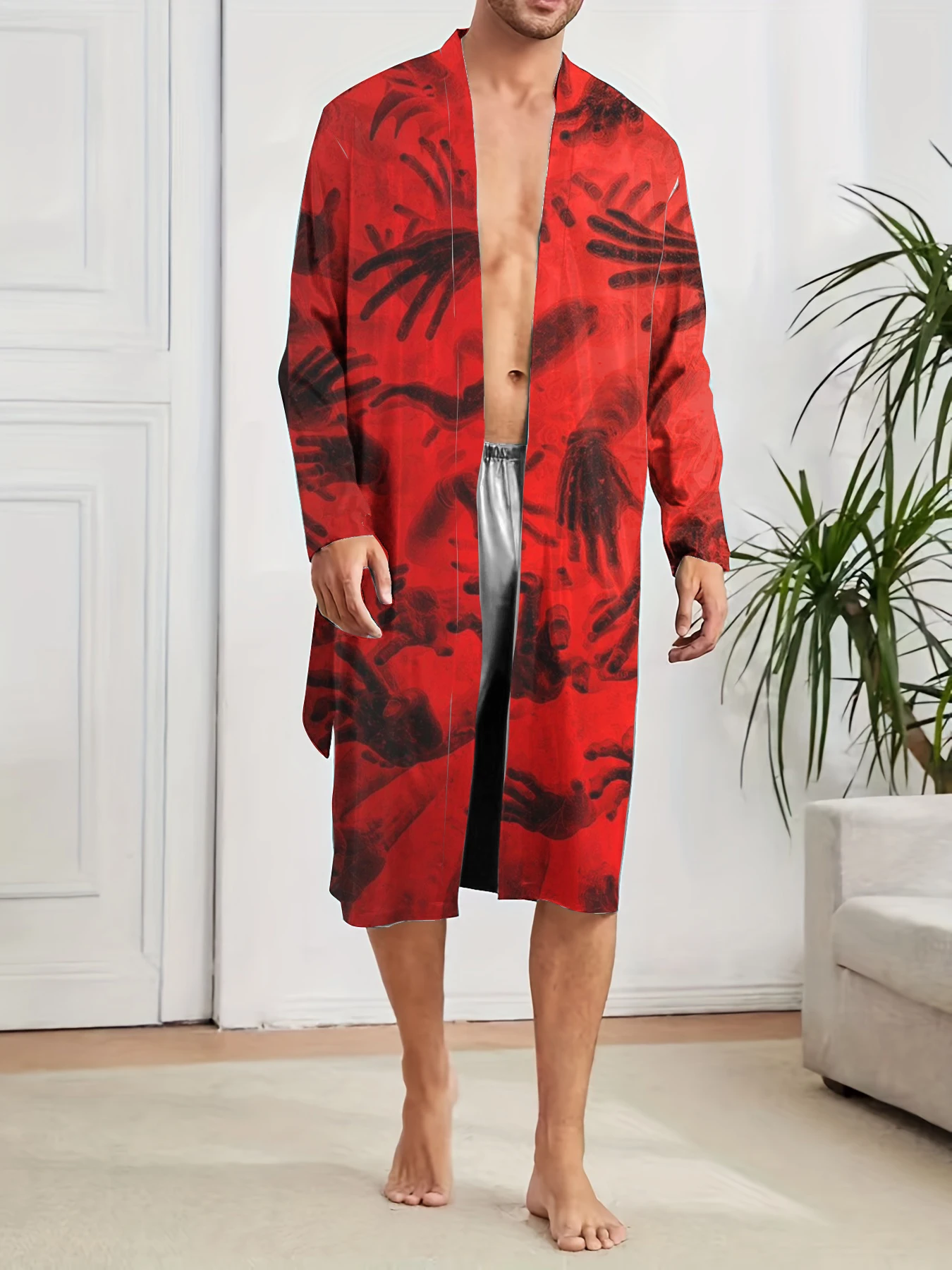 Spring and Autumn Men's Fun Sleeping Robe, Trendy Home Quick Drying Digital Printed Robe for Leisure and Entertainment.