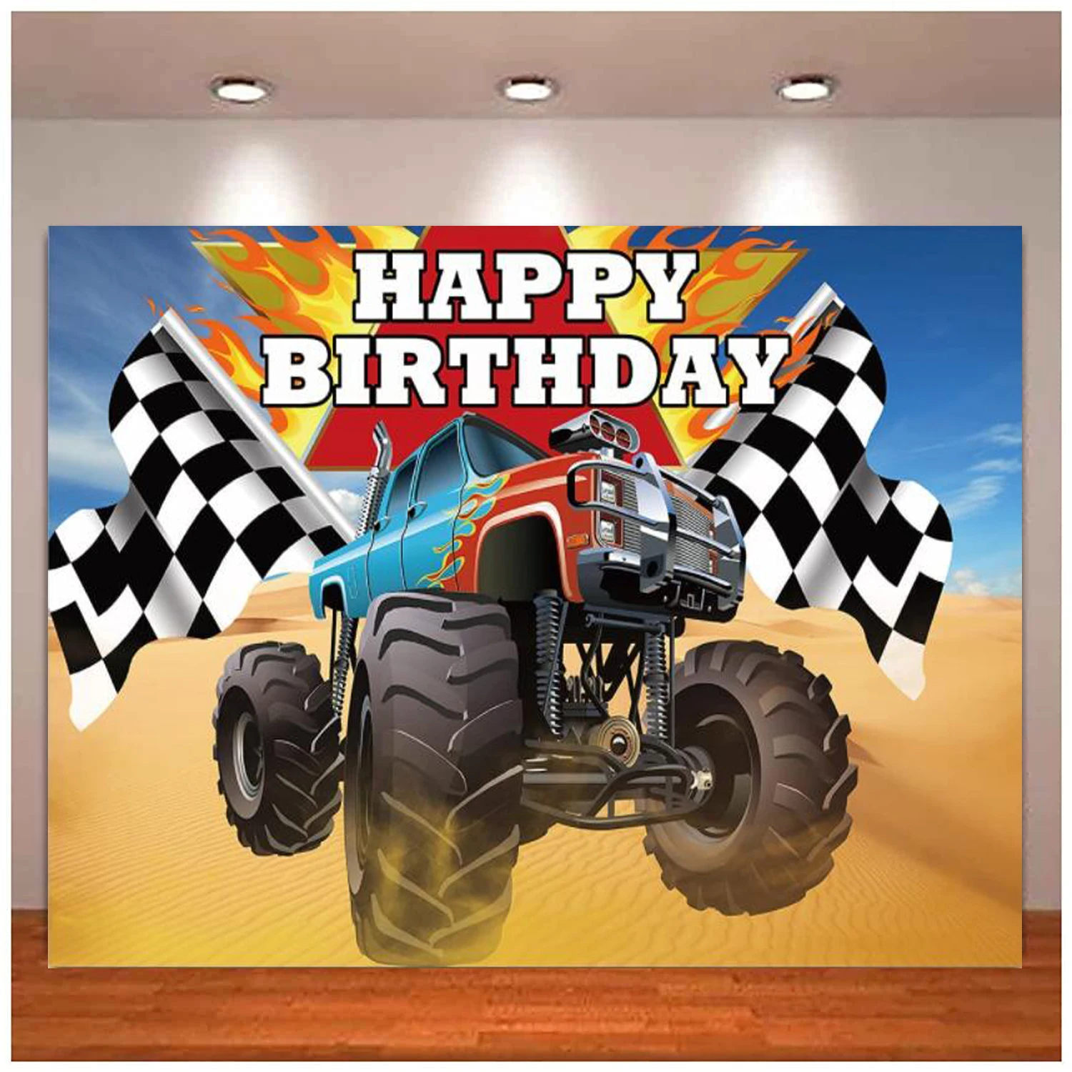 

Monster Truck Theme Happy Birthday Party Photography Backdrop Racing Cars Bday Baby Shower Party Background Cake Table Decor