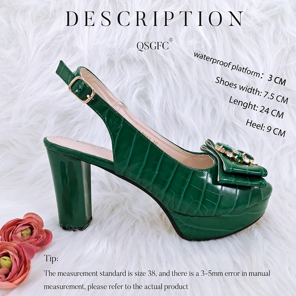 QSGFC New Arrival Synthetic Glossy Material Design Green Color Party Wedding High Heel Women Shoes and Bag with Platform