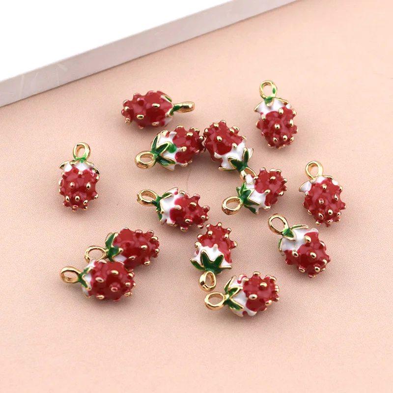 10pcs Mini Red Strawberry Alloy Enemal Charms Cute 3D Fruit Pendant For Barcelet Earring Necklace Diy Jewelry Making