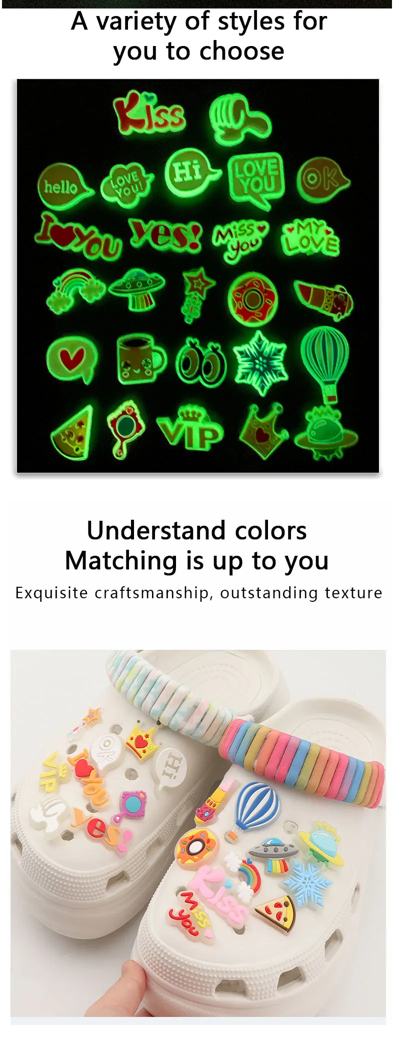 1PCS Luminous Shoe Charms Set for Clog Sandals Decoration DIY Shoe Charm Pins for Men Women Kids Letters Rainbow Food