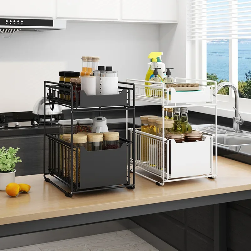 Folding kitchen rack, floor-to-ceiling kitchen bottom push-pull cabinet storage rack