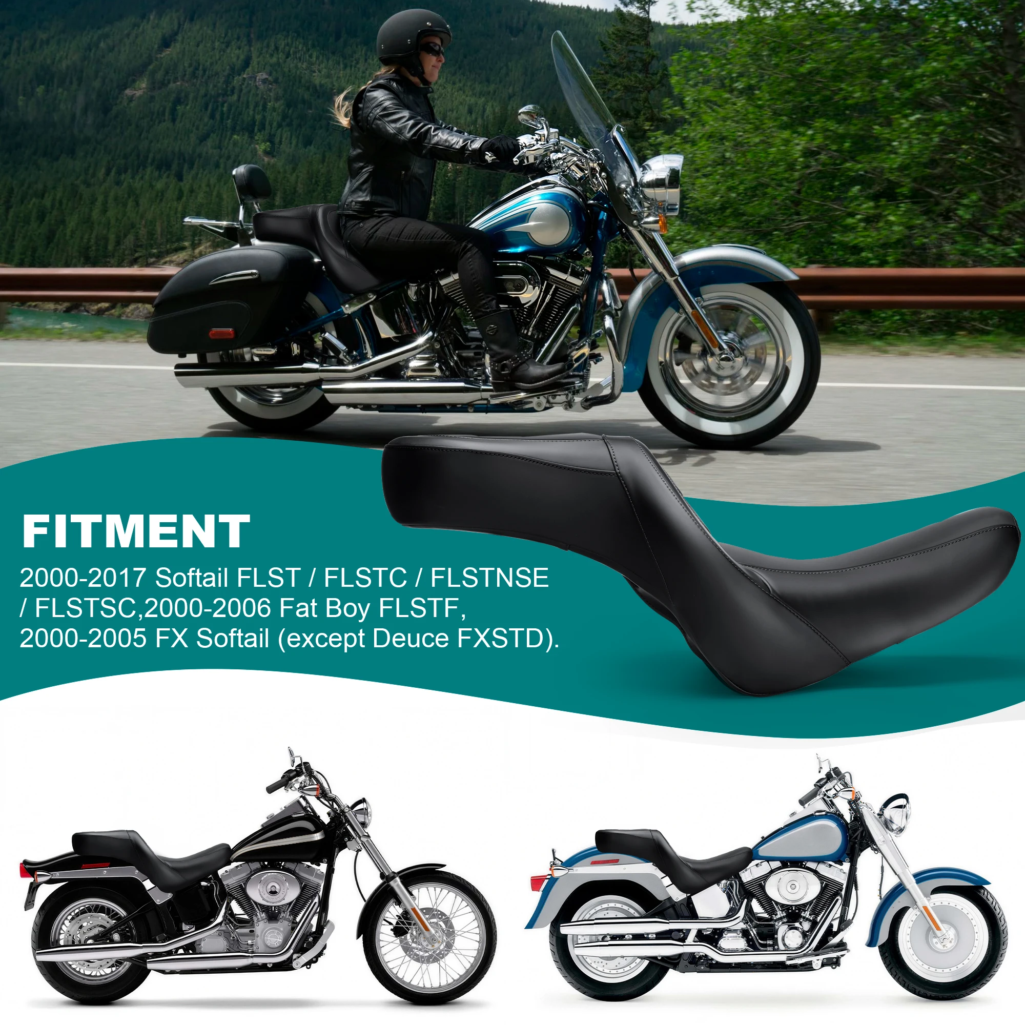 One-Piece Driver Passenger Seat for Harley 2000-2017 Softail FLST FLSTC FLSTNSE FLSTSC, 2000-2006 Fat Boy FLSTF