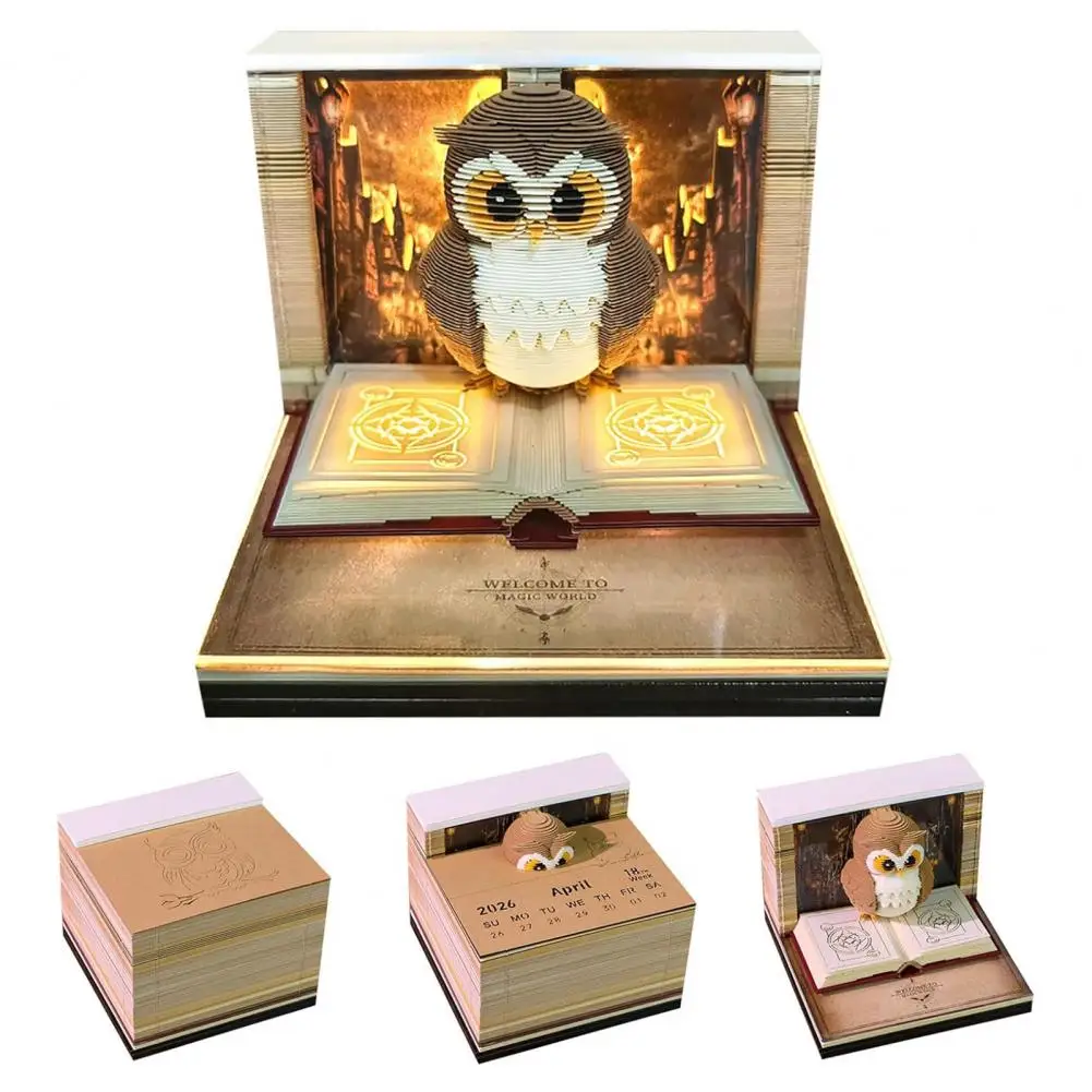 2026 Desk Calendar with LED Light Tear-off Decorative Panda Calendar Christmas Gift 3D Time Piece Calendar Carved Tree Memo Pad
