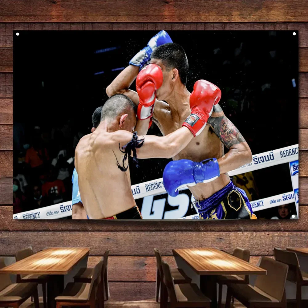 

Muay Thai VS Boxing Art Print on Wall Flag Tapestry, Combat Wall Art Poster Gym Fighting Hall Decoration Painting Wall Chart