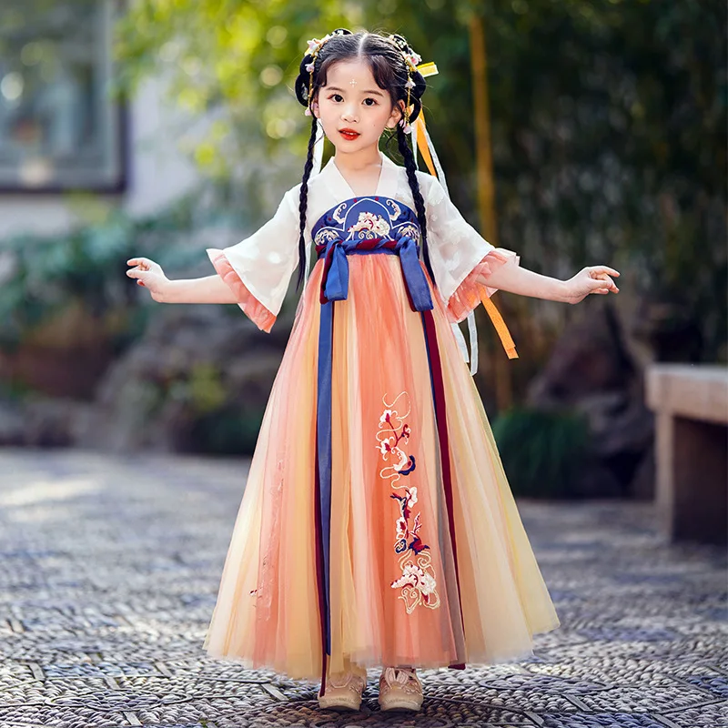 

Hanfu Flower Girls Dress For Spring Summer 2022 New Princess Embroidery Patchwork Flare Sleeve V-Neck Long Dresses Kids Clothes