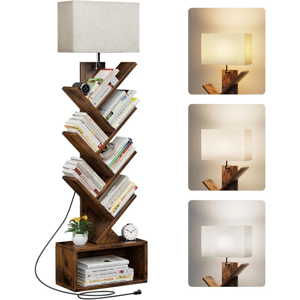 

6 Tier Tree Bookshelf with Light, Narrow Bookcase Tower, Tall Floor Standing Book Organizer with Storage Cabinet