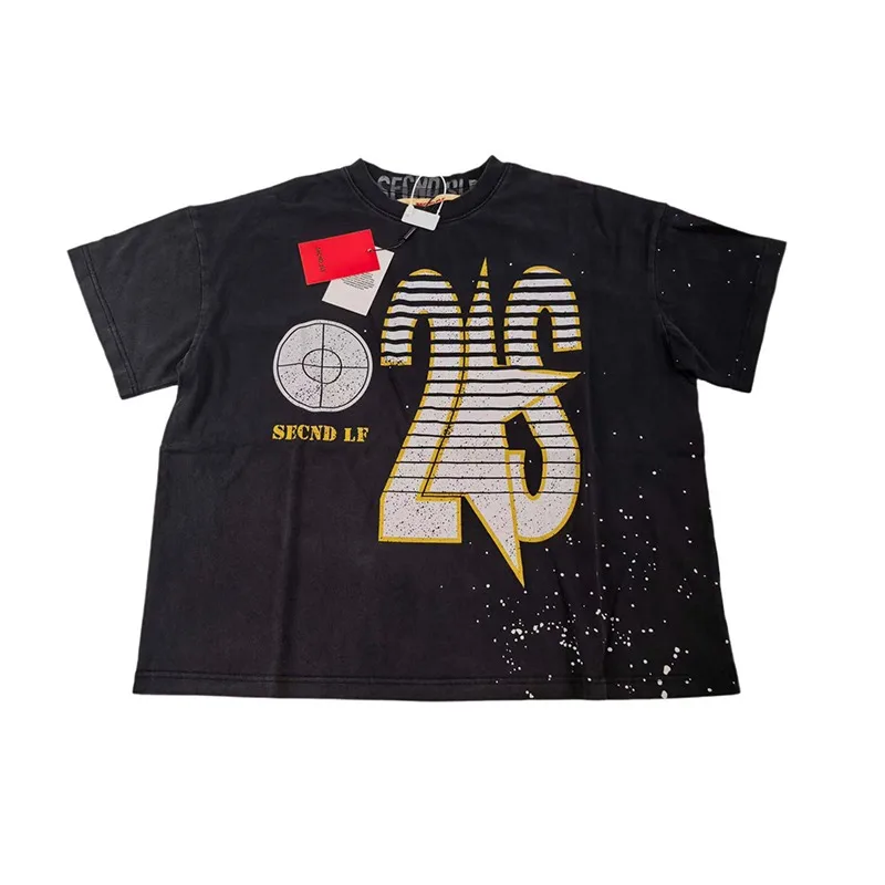 2026 New SECND SLF Men T Shirt Striped Number Target Splash Dot Print Black Loose Short Sleeve Top