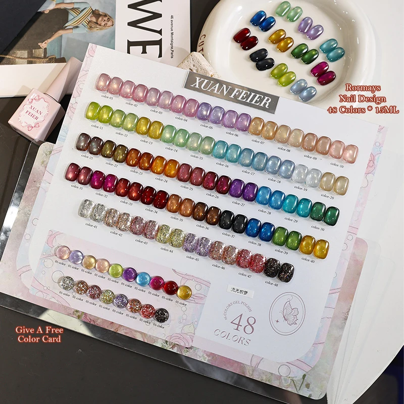 48 Colors Mixed Gel Nail Polish Set Glass Bead Cat Eye Magnetic Glitter Shimmer Varnish Kit UV LED Manicure Set Full Cover