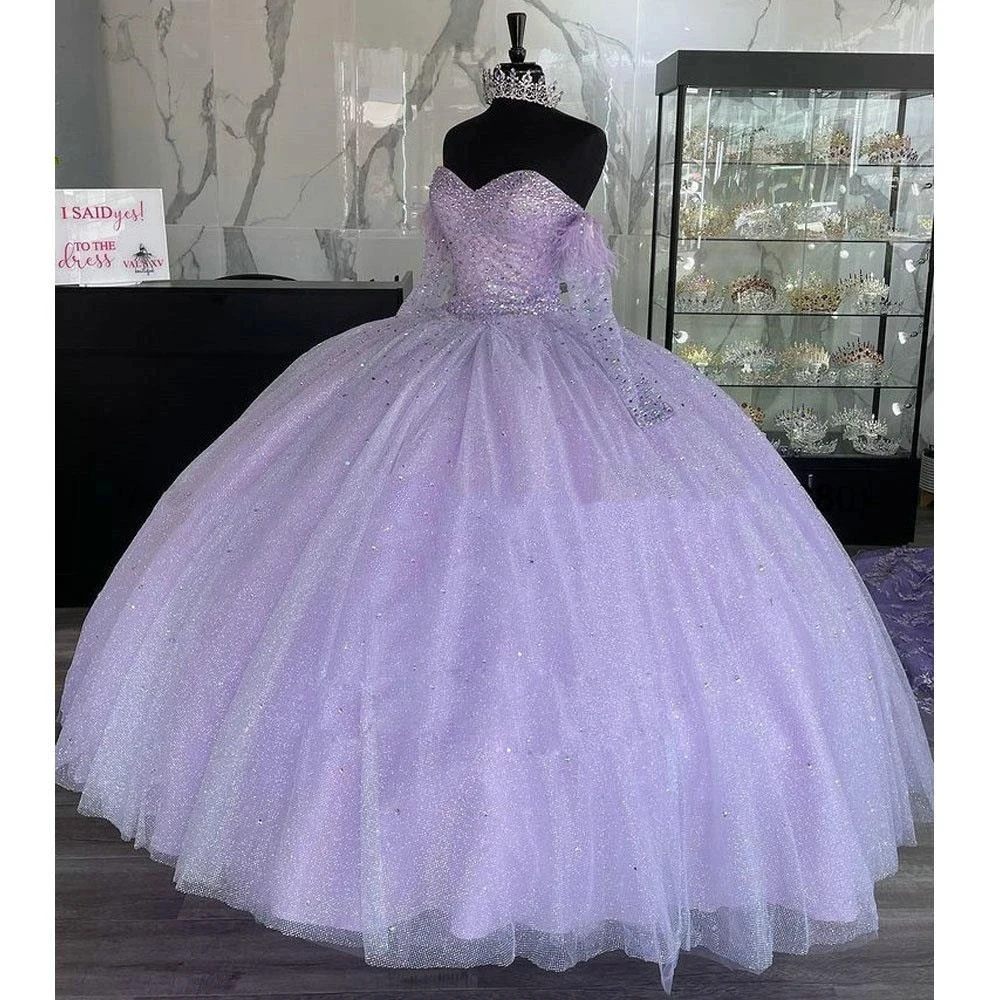 ANGELSBRIDEP Lilac Glitter Crystal Beading Quinceanera Dress Ball Gown Off The Shoulder Long Sleeve Feathers Corset customized