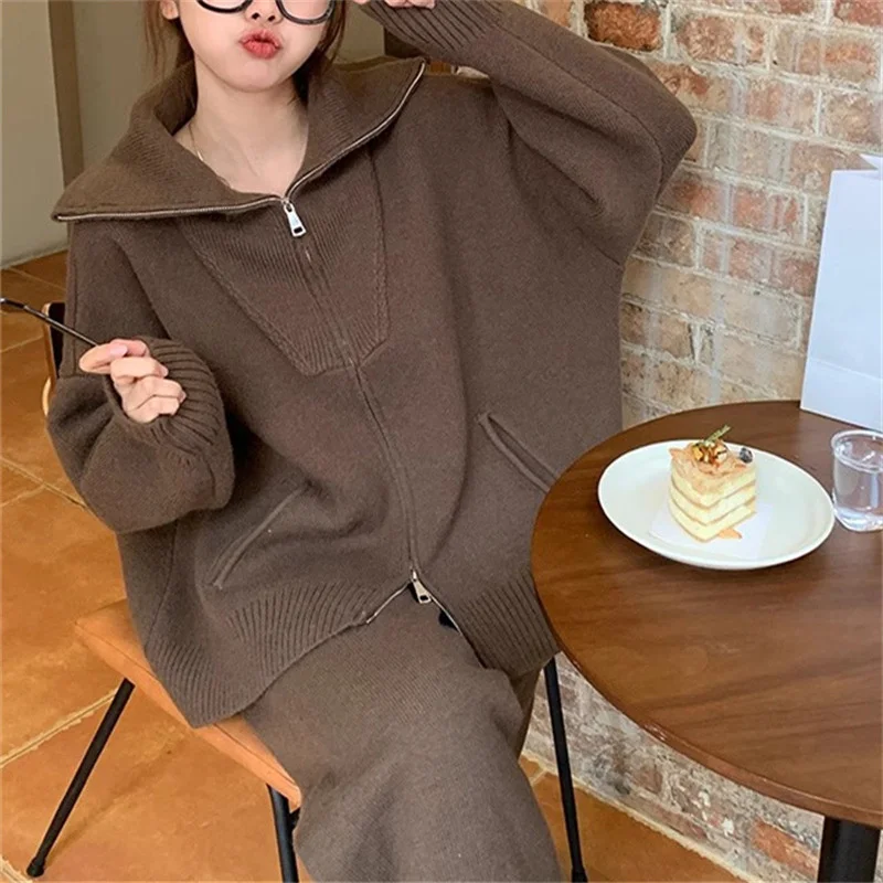 

2024 Fall Winter Knit Two Piece Set Polo's Collar Zipper Oversized Sweater Cardigan And Wide Leg Pant Outfit Black Brown Beige