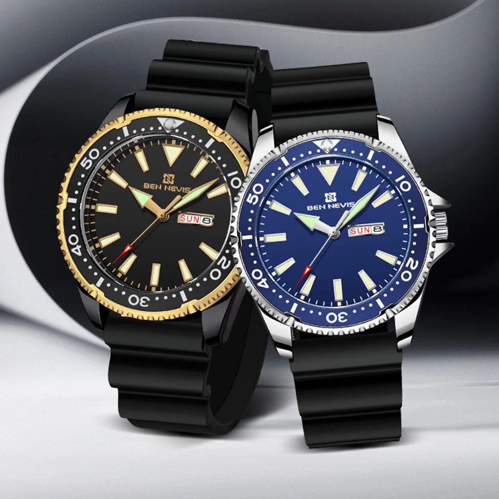 

Men Quartz Watch Silicone strap Luminous Wristwatch install Quartz Movement Luxury Crown at 9.0 Diving Men Wristwatches