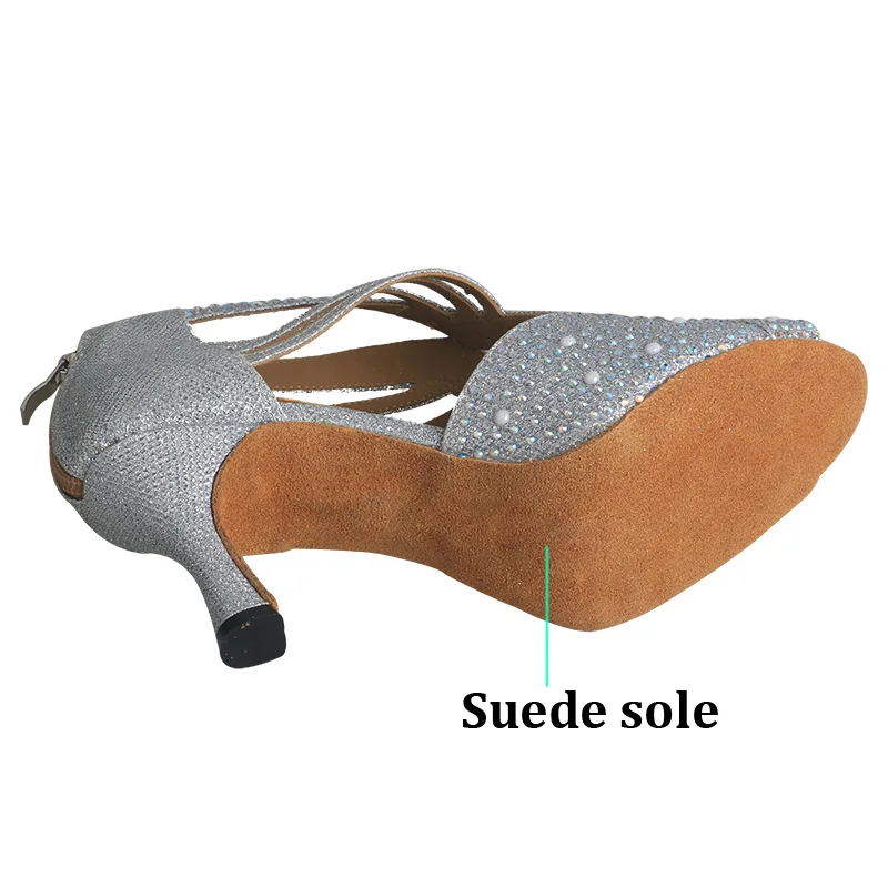 Wedopus Zilveren Dansschoenen Suède Zool Kristal en Parels Salsa Ballroom Dans Laarzen voor Dames Hoge Hak 8CM