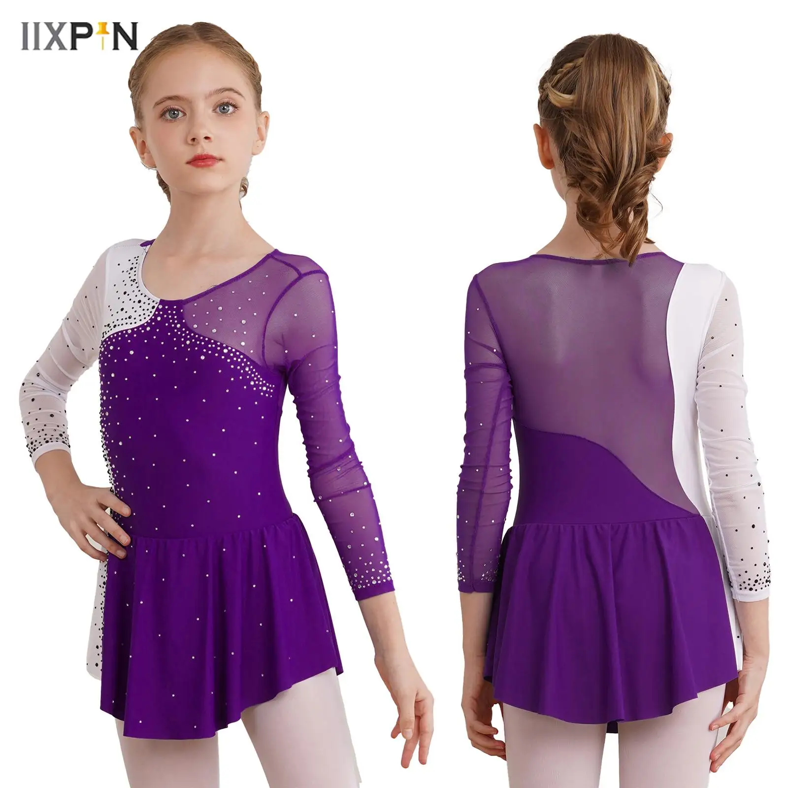 

Kids Girls Ballet Dance Dress Long Sleeve Shiny Rhinestones Leotard Dress Gymnastics Figure Skating Prom Performance Dancewear