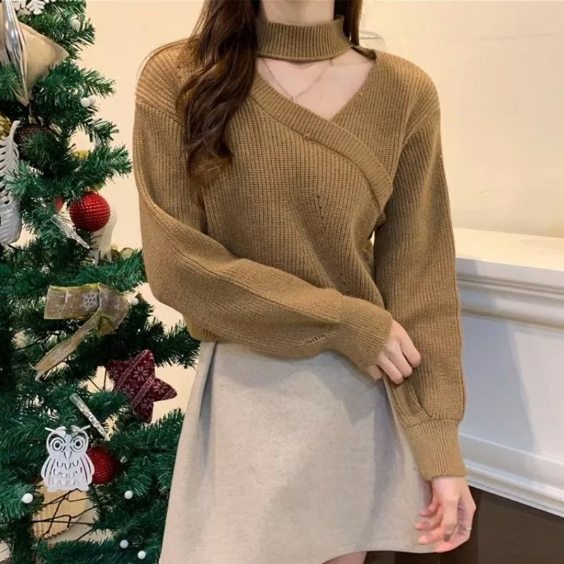 Women\'s Neck Hanging Solid Sweater Warm Pullover Sweater V-neck Cross Neck Off Shoulder Knitwear Tops