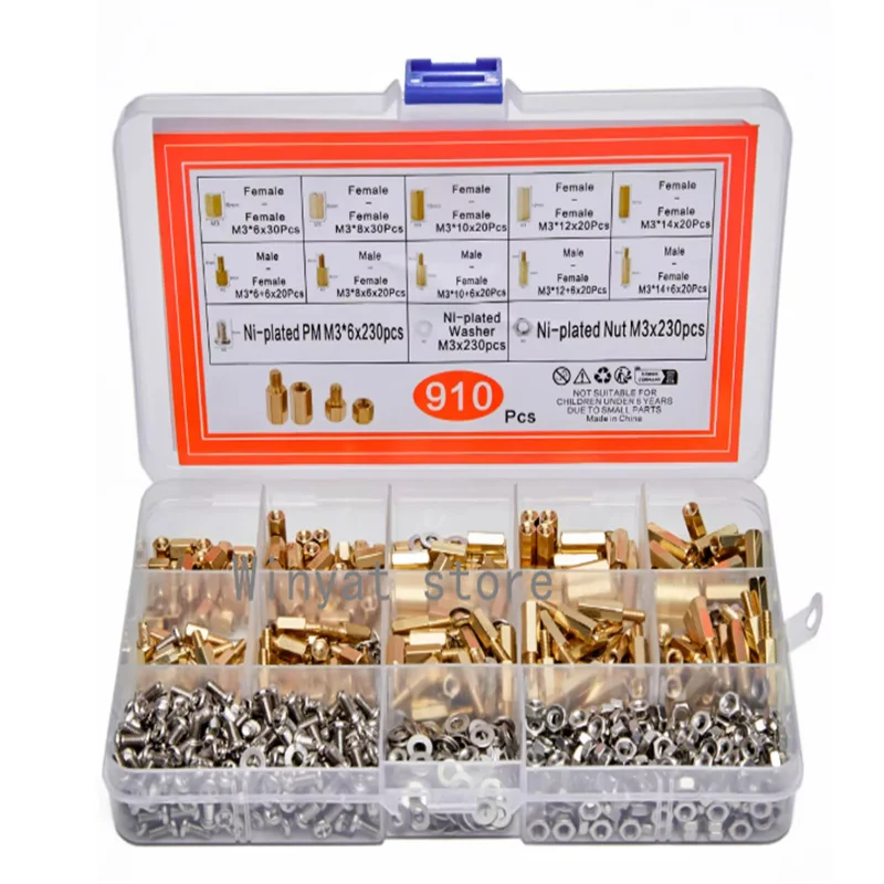 910 PCS Screw Rod Combination Sample Box M3*6 8 10 12 14 Copper Column Hexagon Screw Boxed