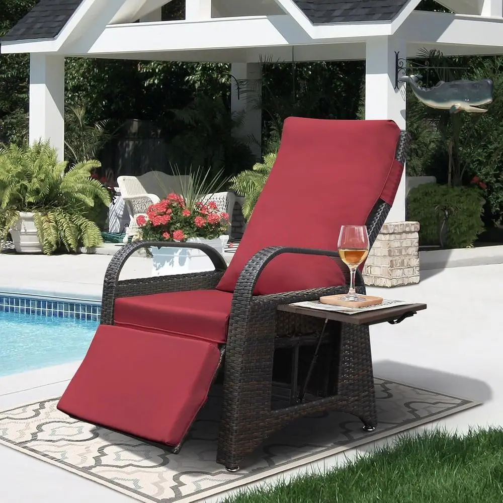 

All-Weather Wicker Recliner with Side Table and Adjustable Backrest, Red Outdoor Lounge Chair