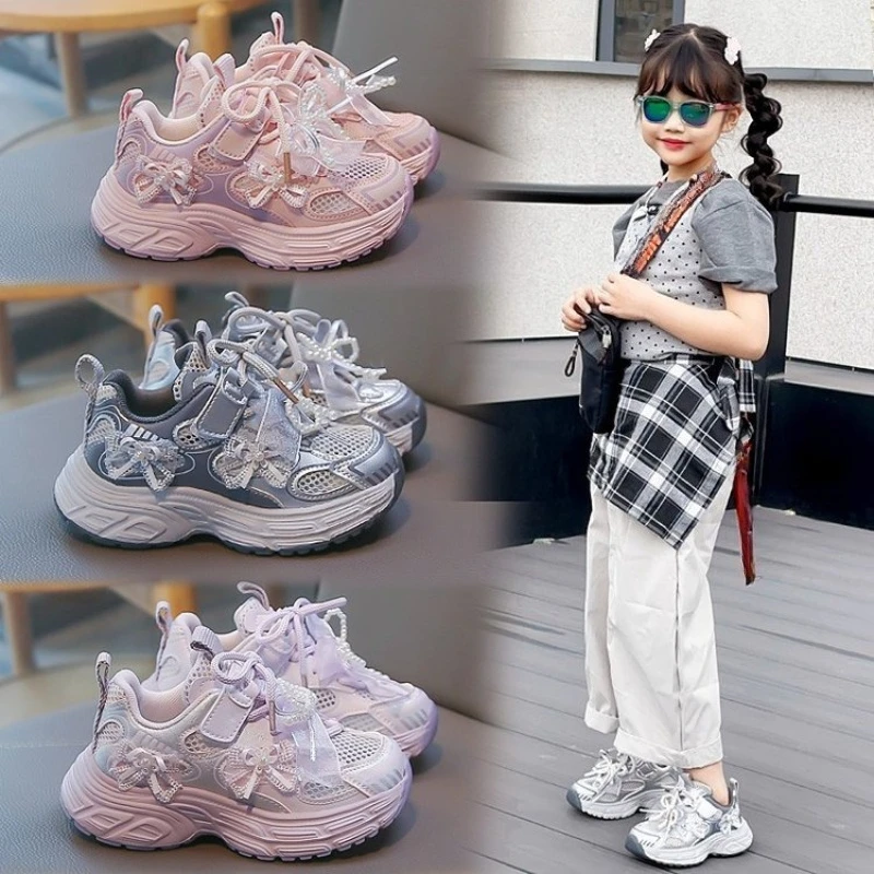 Spring Autumn Kids Patchwork Sneakers New Beading Bow Children Mesh Sports Shoes Chunky Fashion Breathable Girls School Sneakers